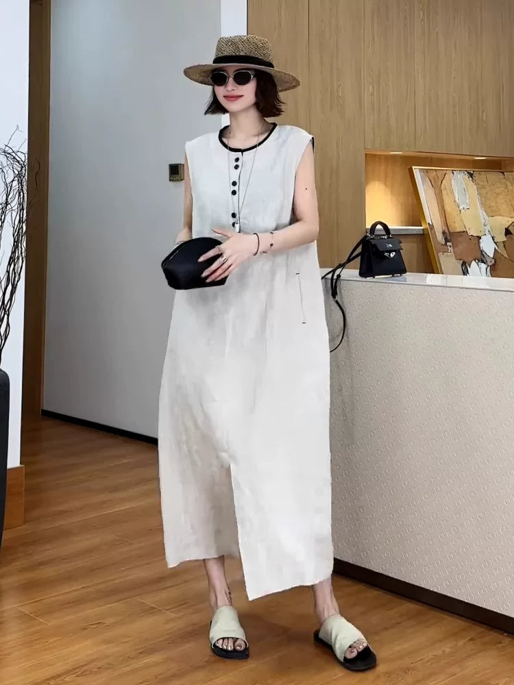 French Linen Sleeveless Midi Dress with Side Slit