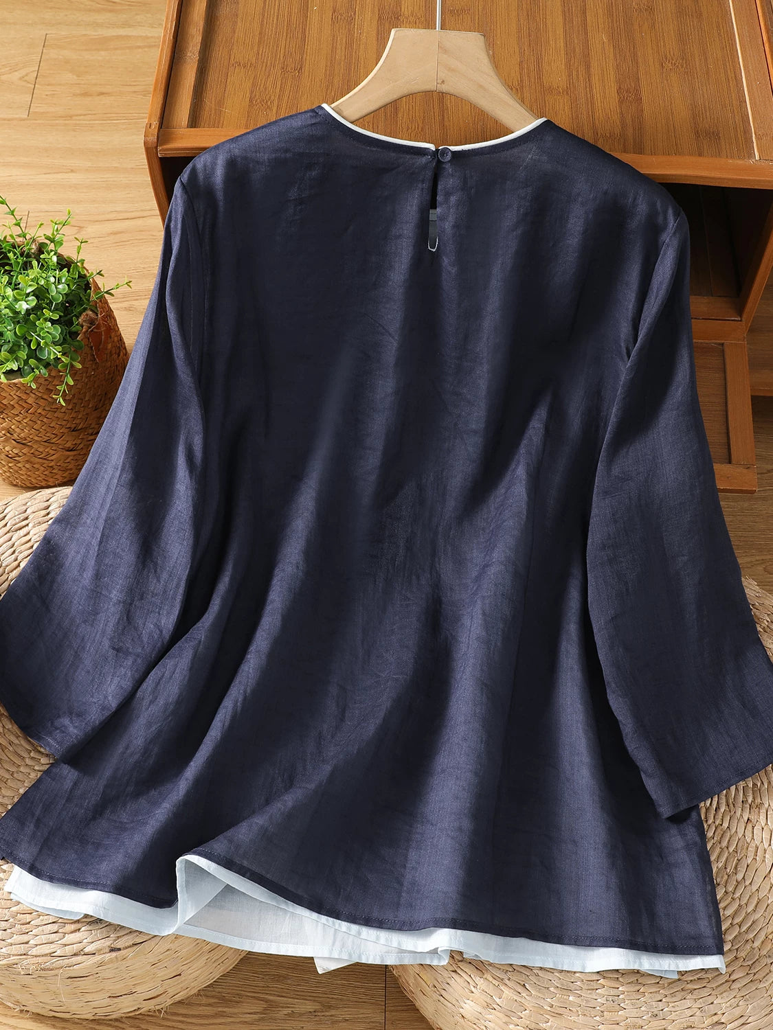 Cotton Linen Three Quarter Sleeve Shirt with Contrast Trim