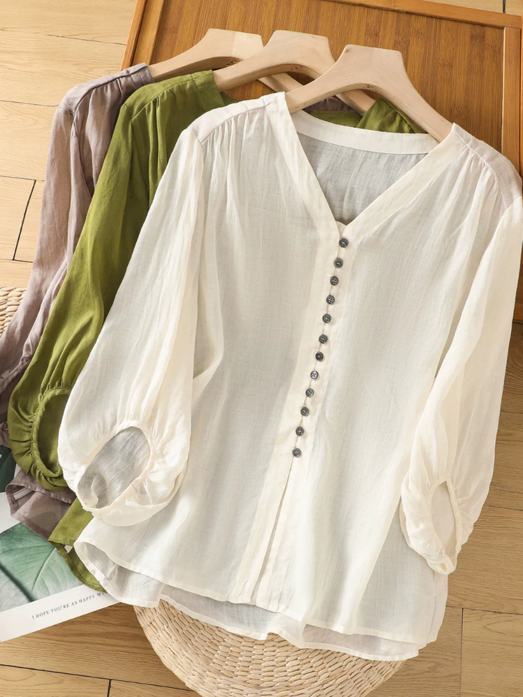 Cotton Linen V-Neck Long Sleeve Shirt with Lantern Sleeves
