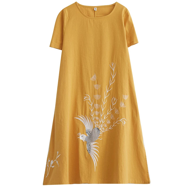 Embroidered Phoenix Short Sleeve Midi Dress