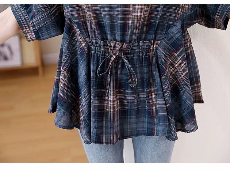 Plaid Chiffon Top with Drawstring Waist