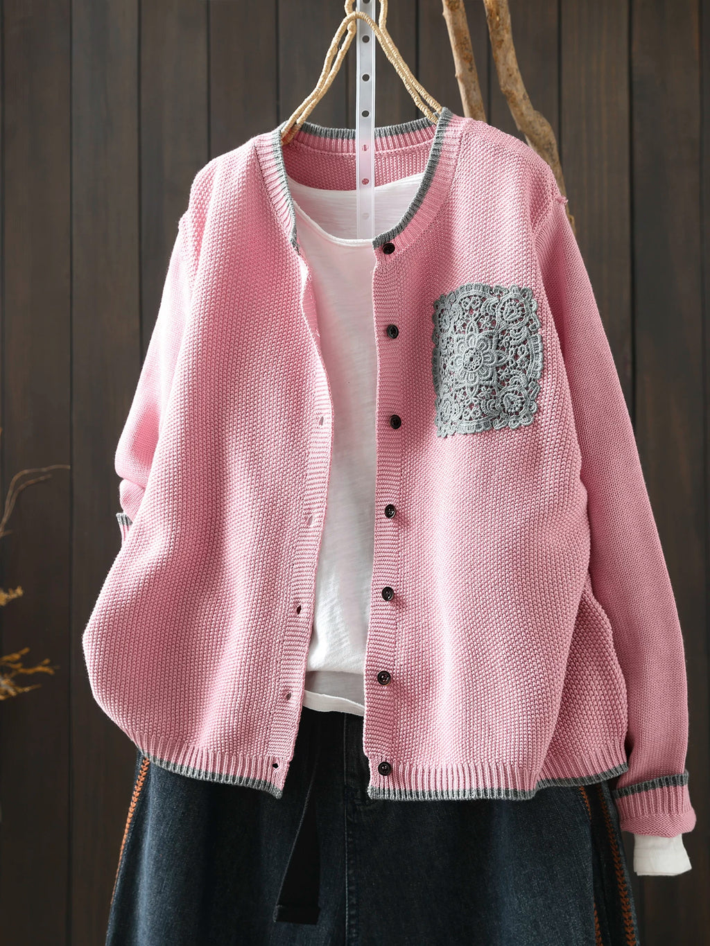Waffle-Textured Knit Cardigan with Lace Pocket