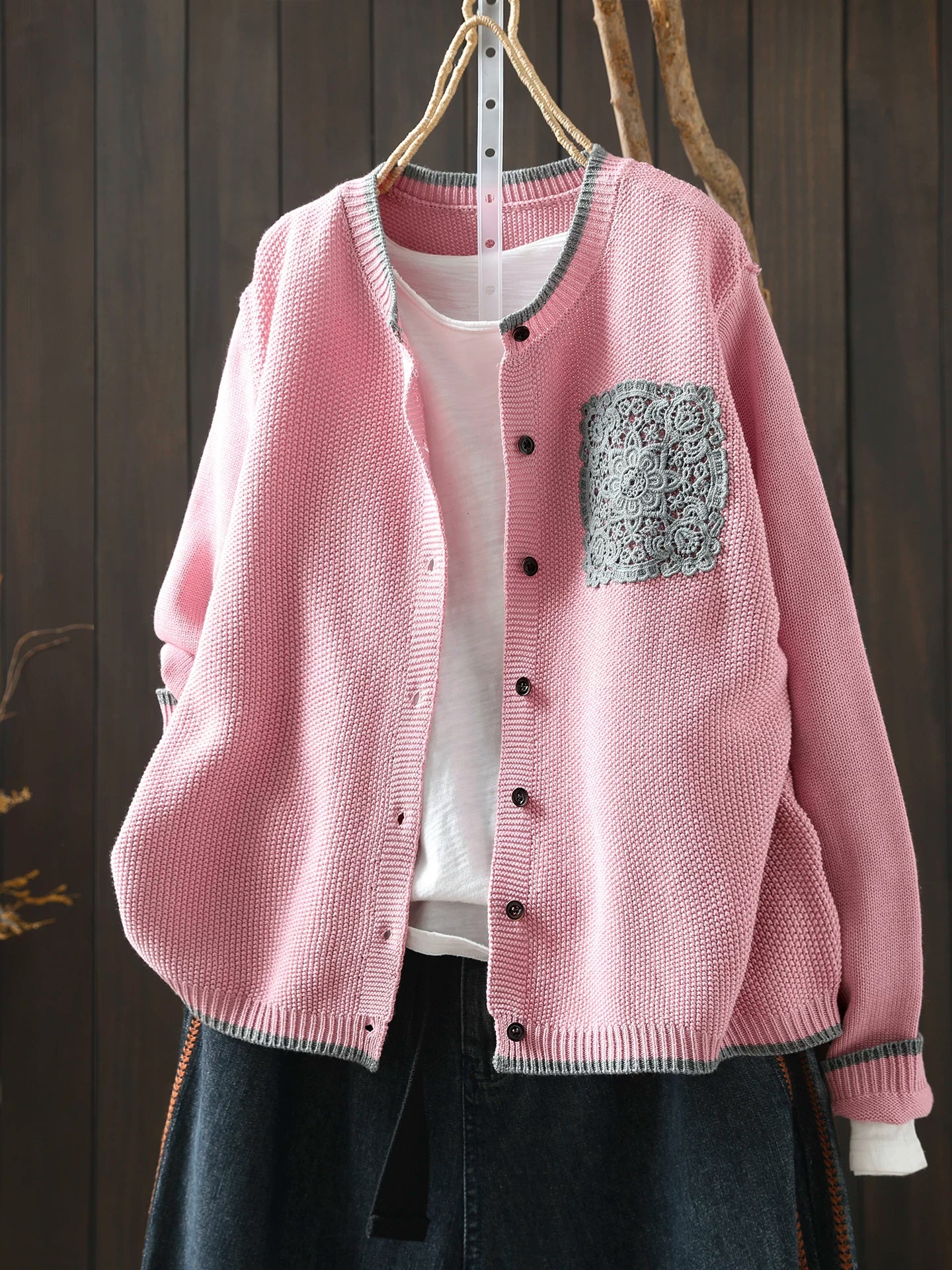Waffle-Textured Knit Cardigan with Lace Pocket