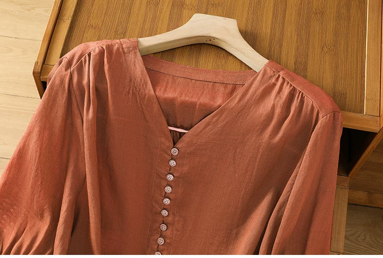 Cotton Linen V-Neck Long Sleeve Shirt with Lantern Sleeves