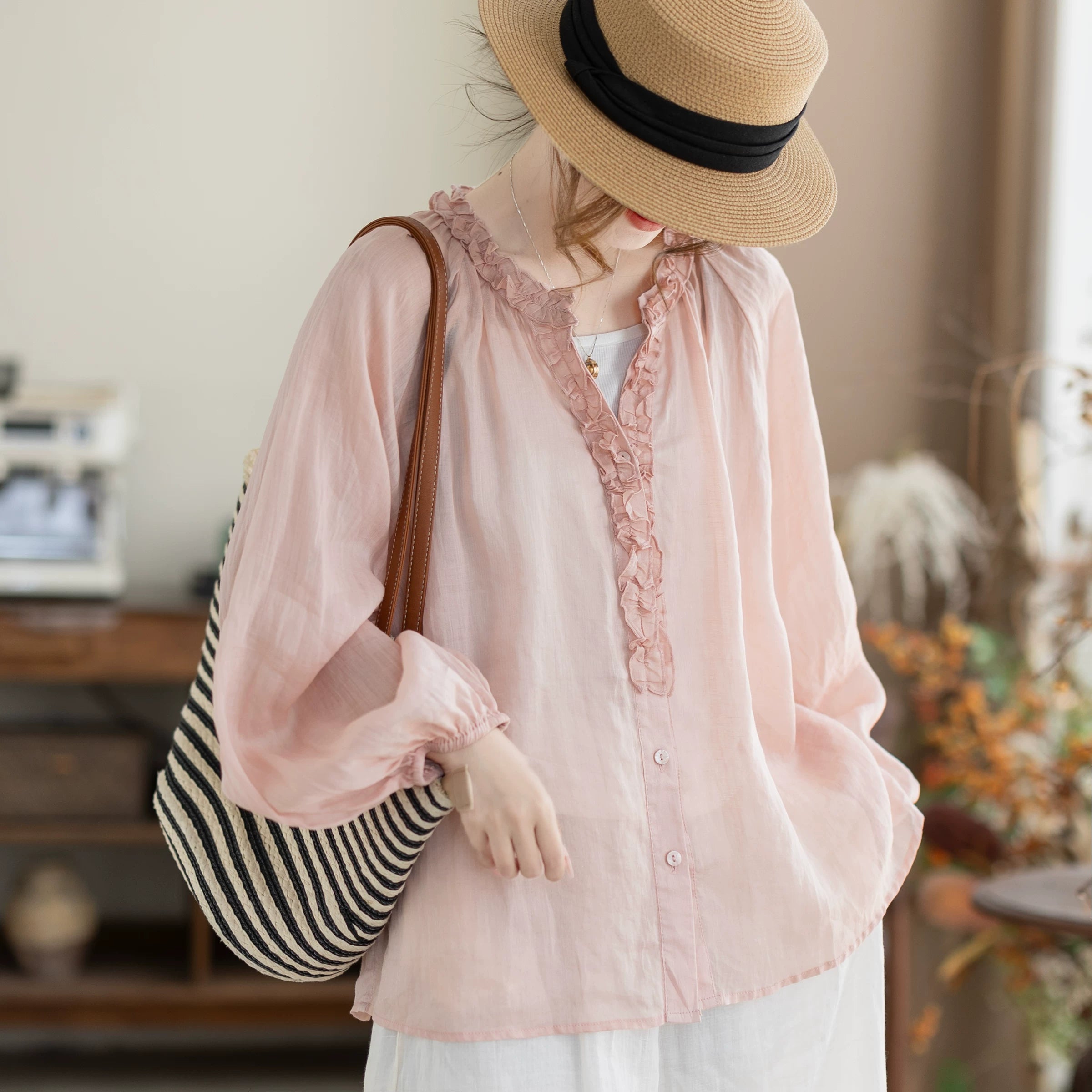 100% Ramie Blouse with Ruffled V-Neck & Elbow Sleeves