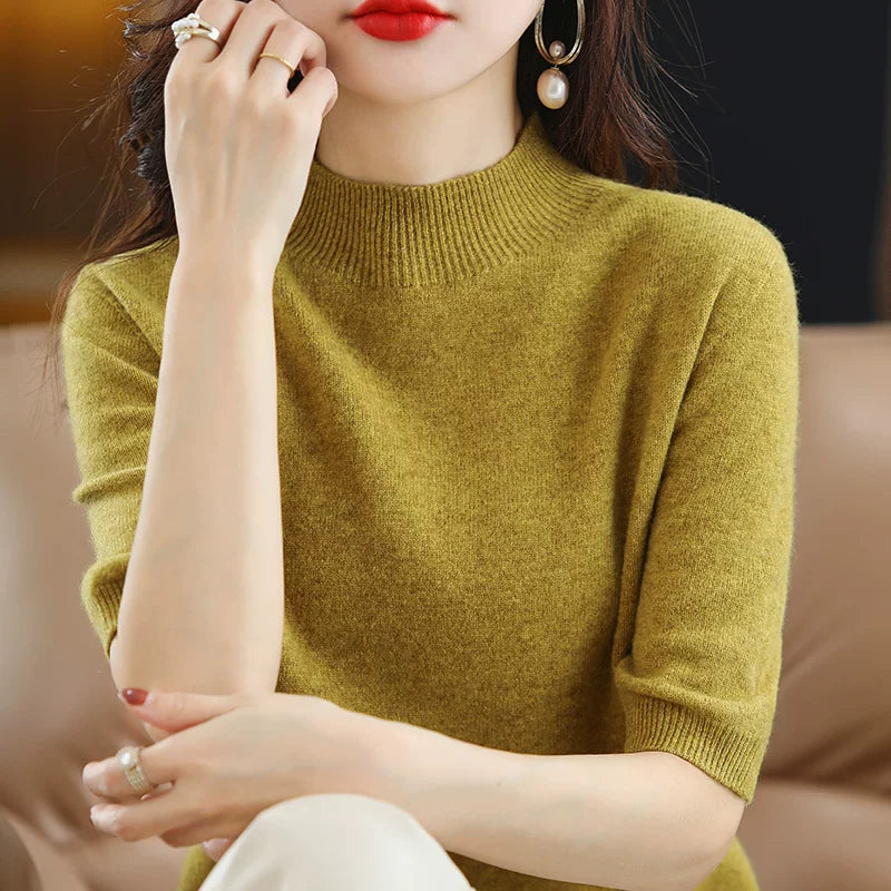 Relaxed Knit Top with Small Stand Collar & Elbow Sleeves