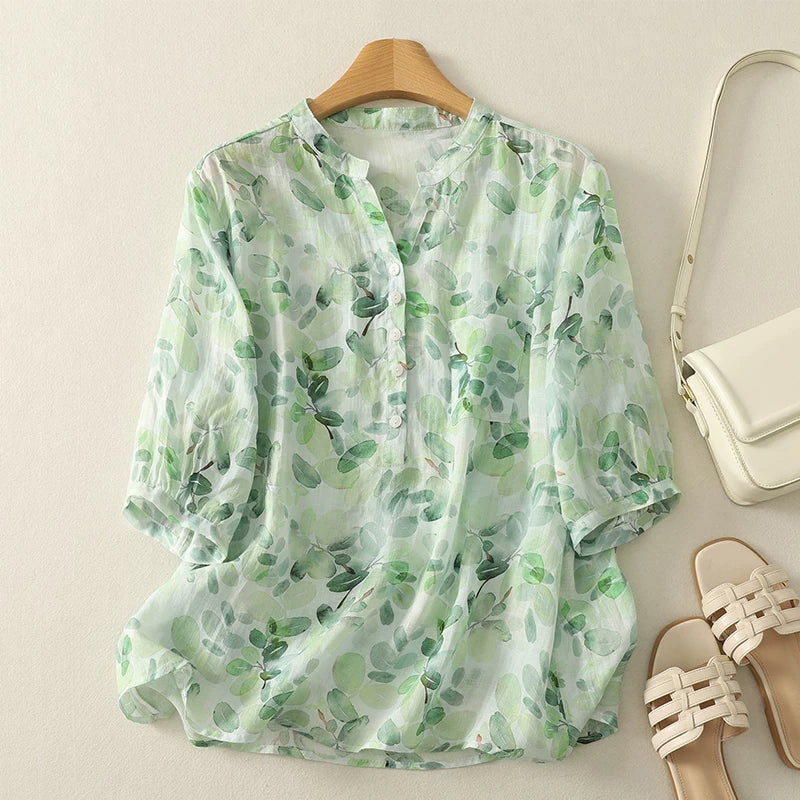 Floral Print Cotton Linen Three Quarter Sleeve Shirt
