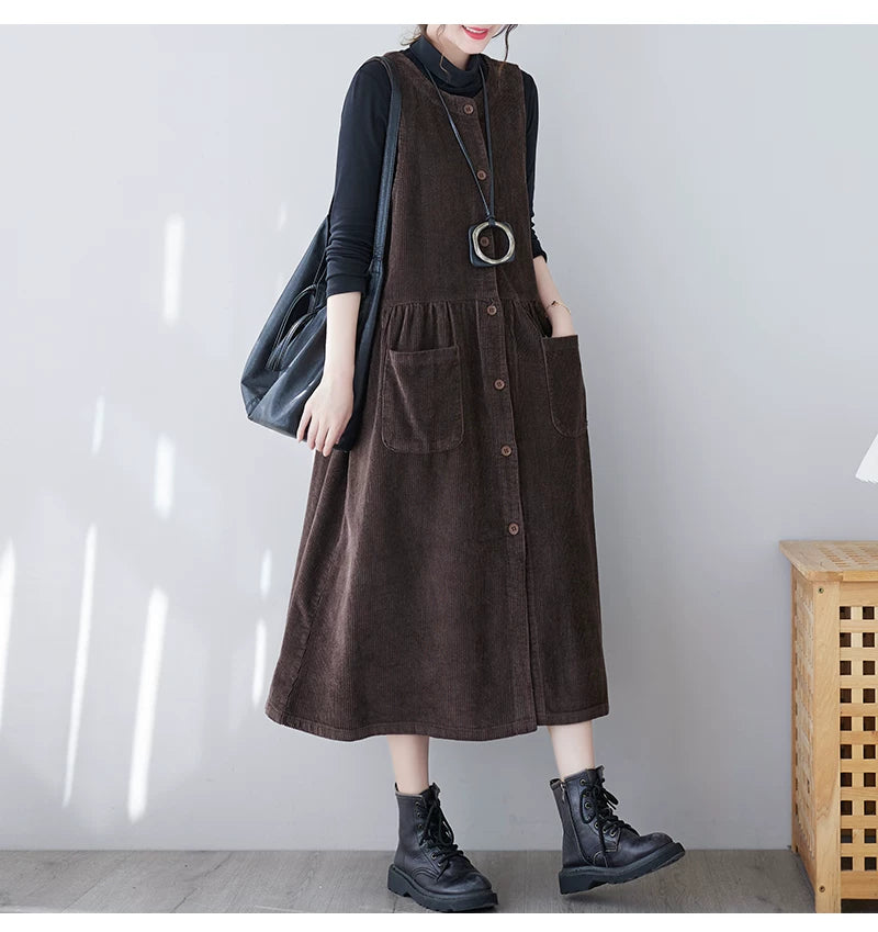 Corduroy Midi Dress with Patch Pockets & Button Front
