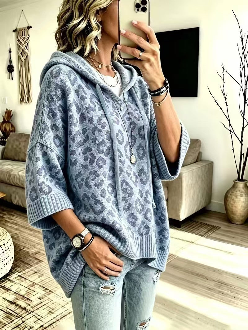 Leopard Jacquard Hooded Knit Top, Oversized Pullover