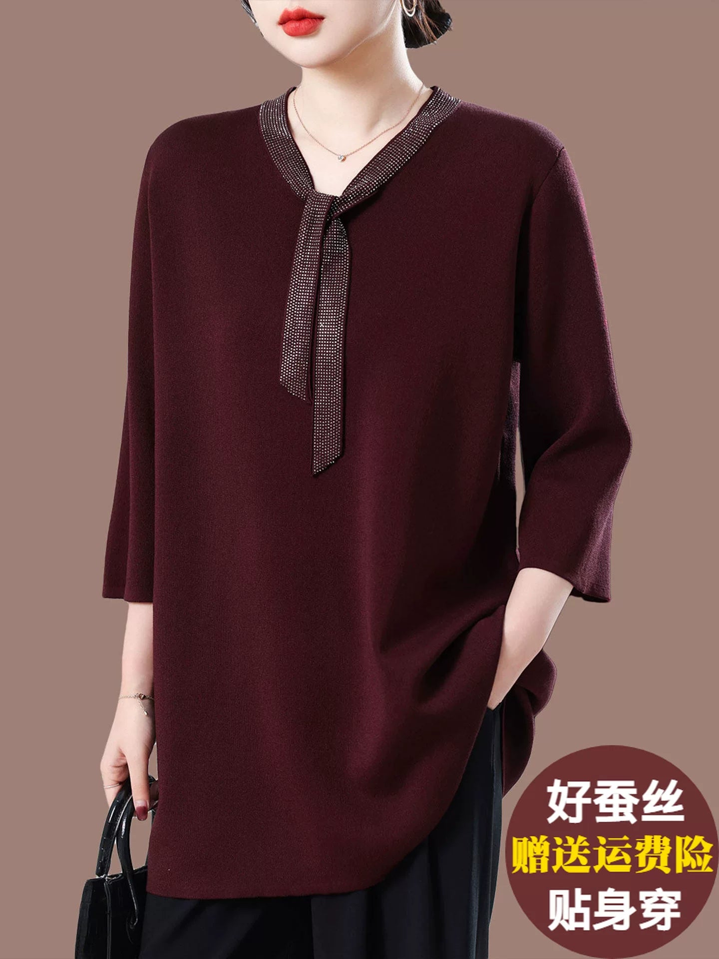 Silky-Feel V-Neck Top with Decorative Tie Detail