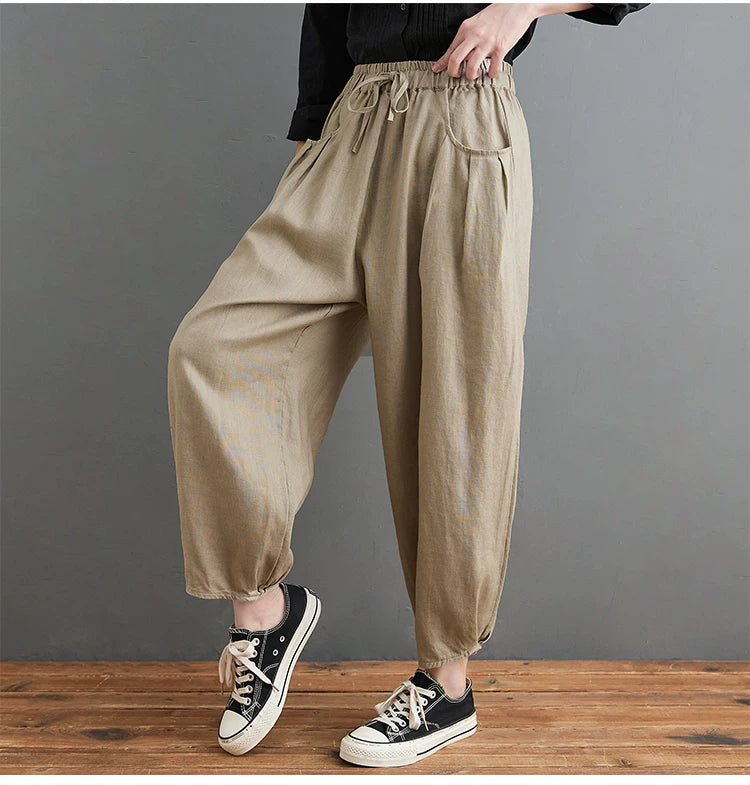 100% Linen Balloon-Leg Pants with Drawstring Waist