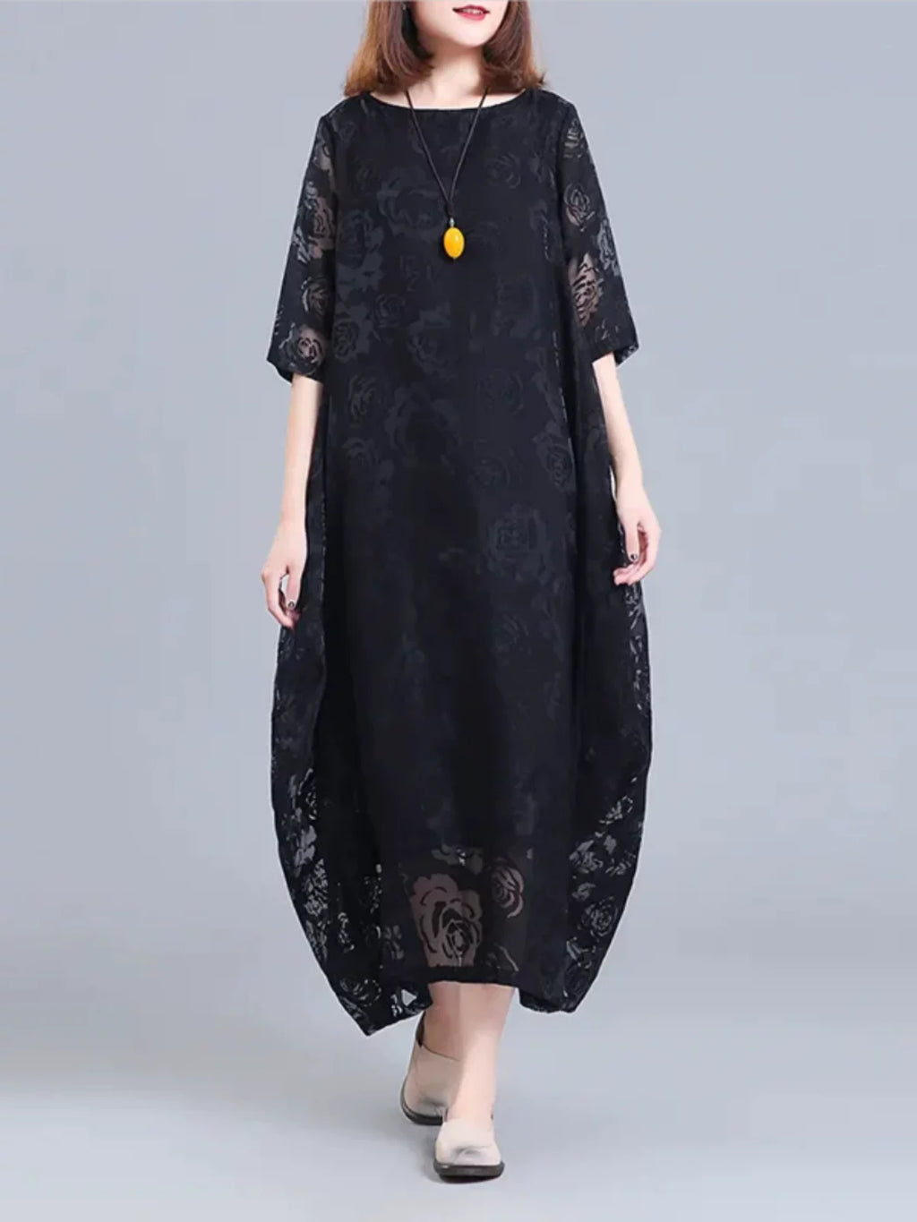 Floral Jacquard Maxi Dress with Sheer Overlay