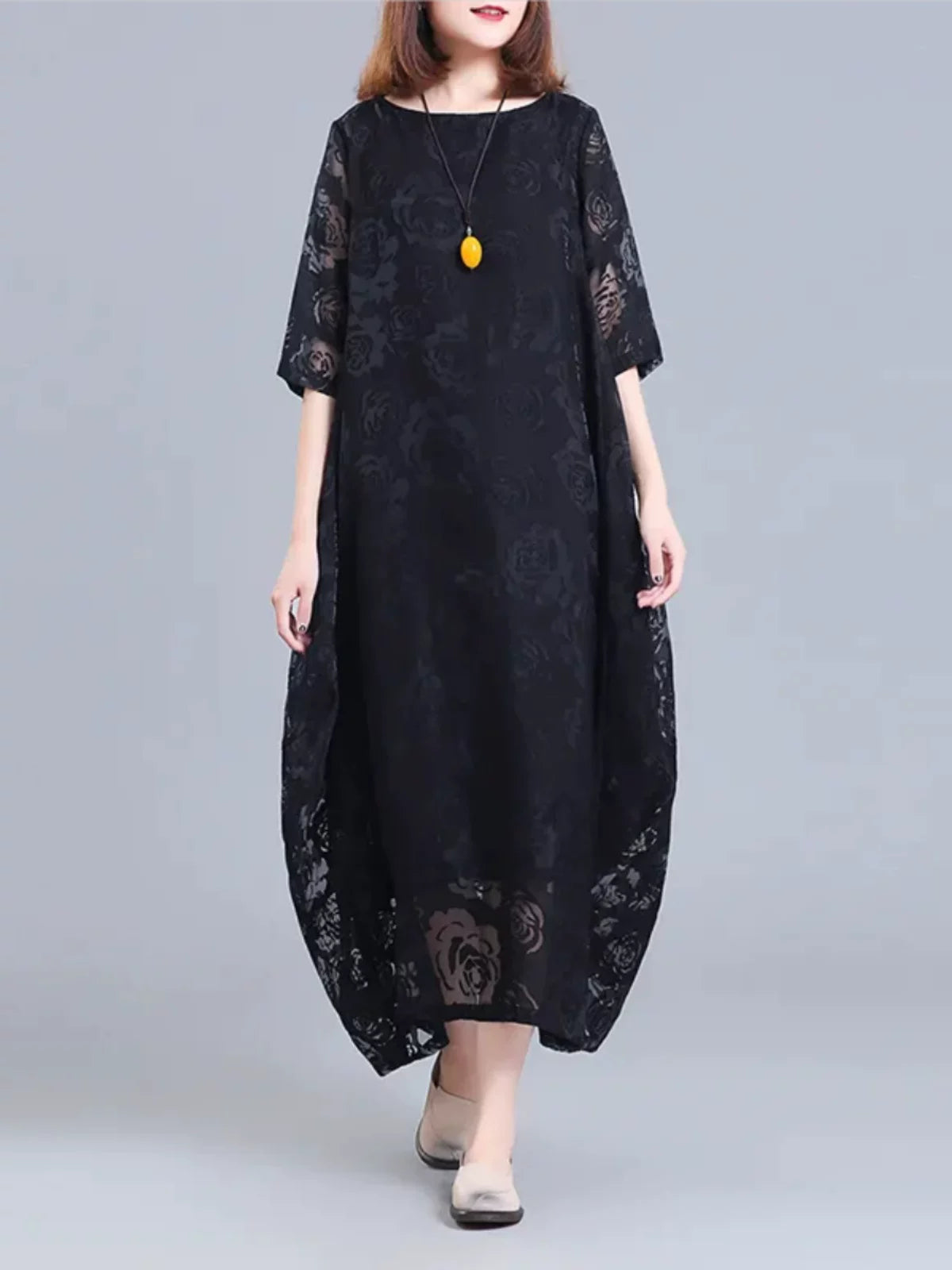 Floral Jacquard Maxi Dress with Sheer Overlay