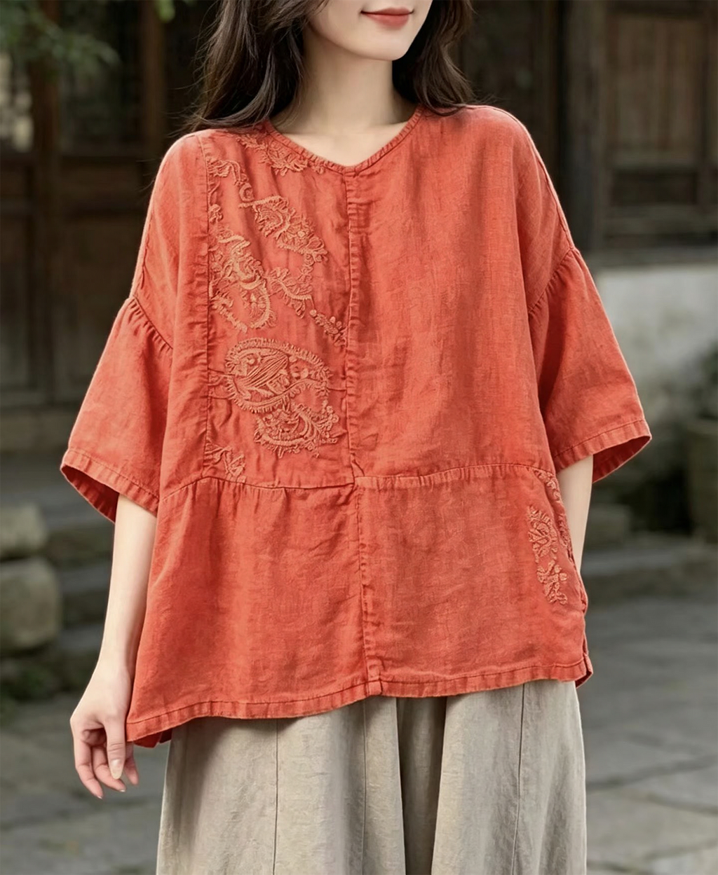 100% Linen Top with Embroidered Floral Motif