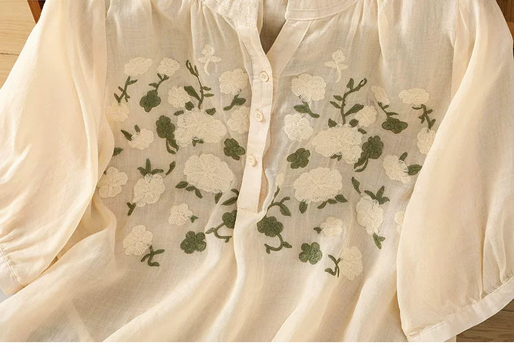 Embroidered Three Quarter Sleeve Cotton Linen Shirt