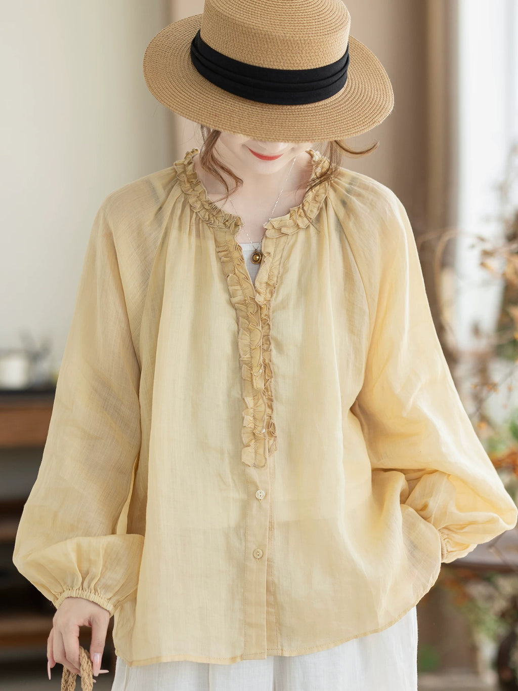 100% Ramie Blouse with Ruffled V-Neck & Elbow Sleeves