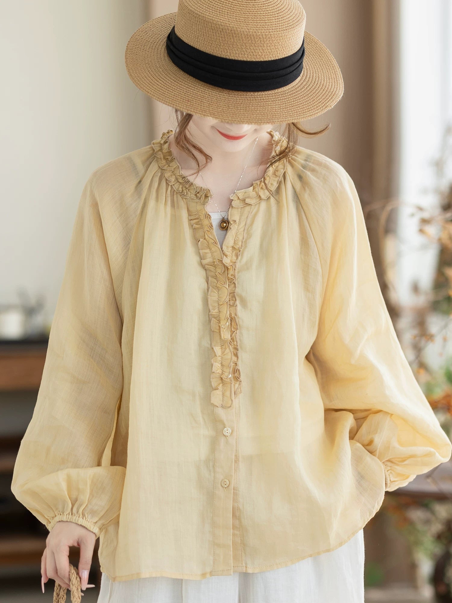 100% Ramie Blouse with Ruffled V-Neck & Elbow Sleeves