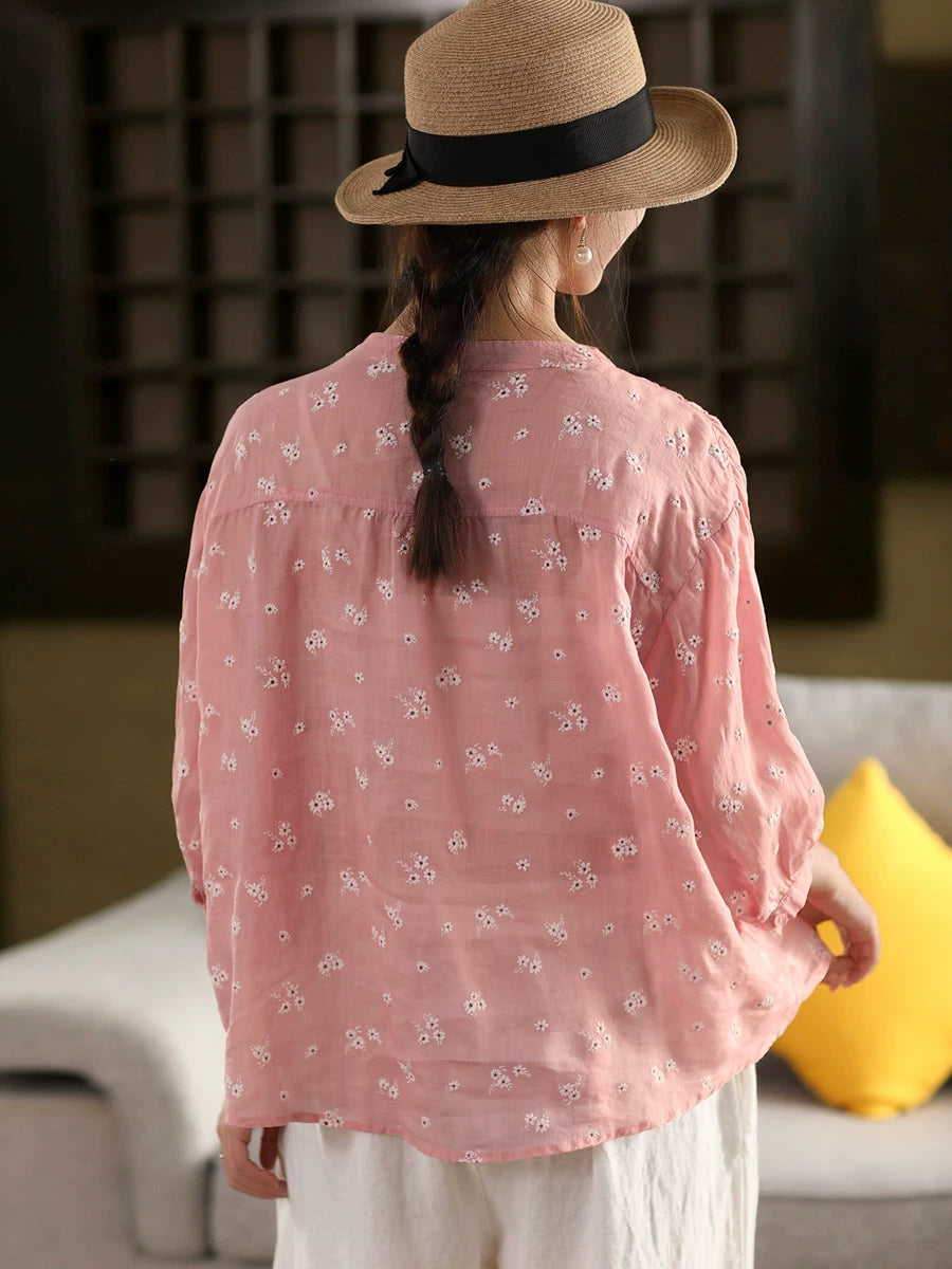 100% Ramie Floral Embroidered Blouse