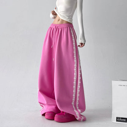 Korean-Style Lace-Trimmed Straight Leg Sweatpants