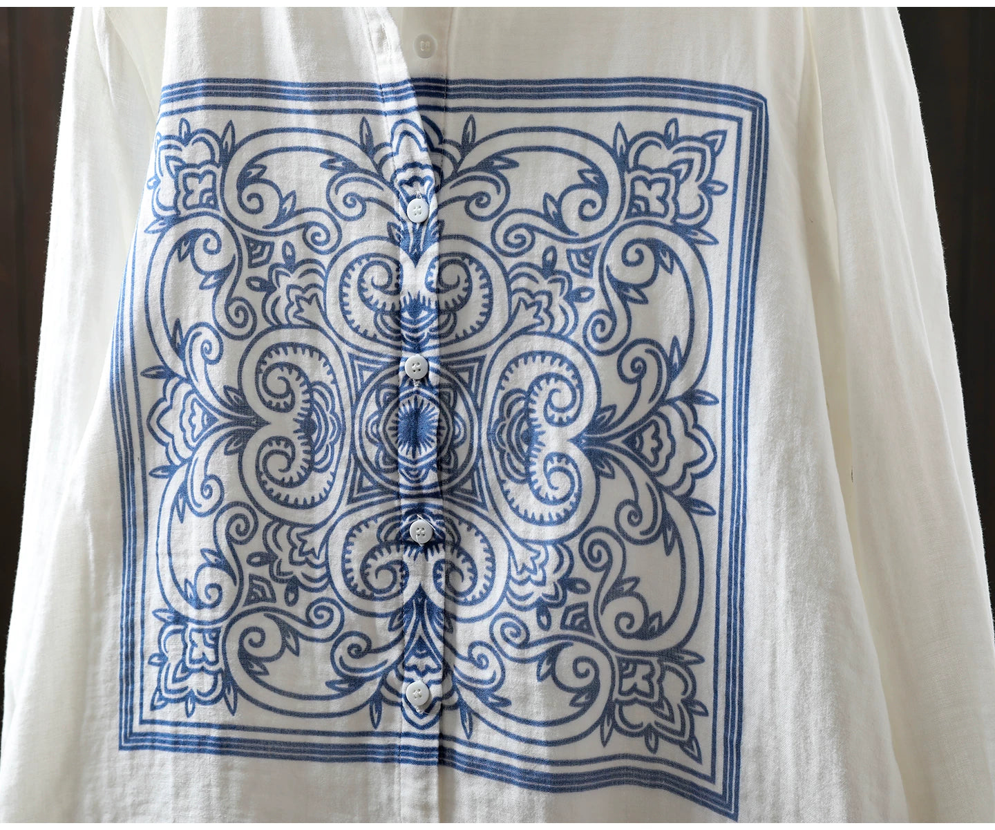 Linen Blouse with Porcelain Print & Button Front