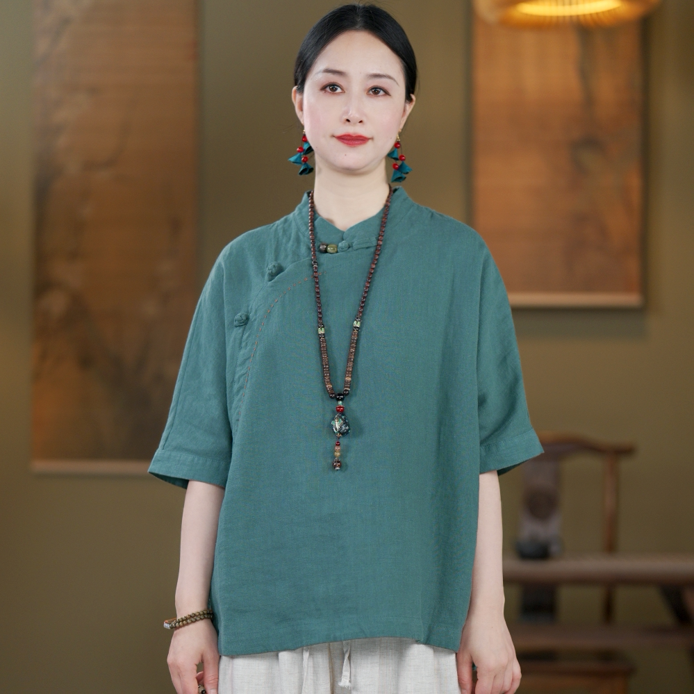 100% Linen Top with Mandarin Collar & Asymmetrical Front