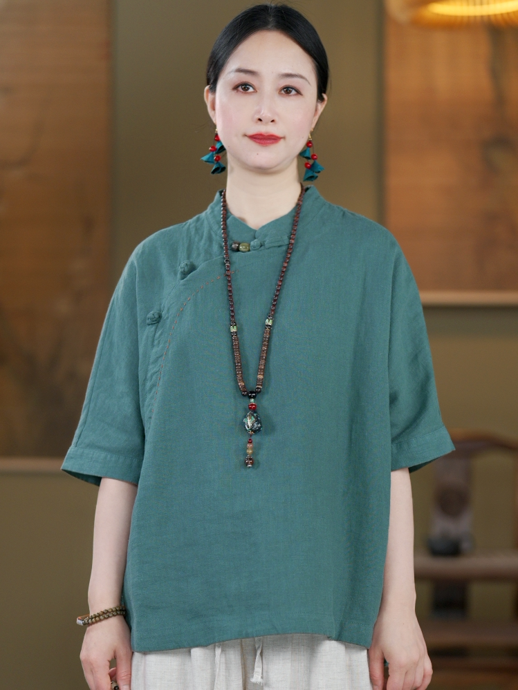 100% Linen Top with Mandarin Collar & Asymmetrical Front