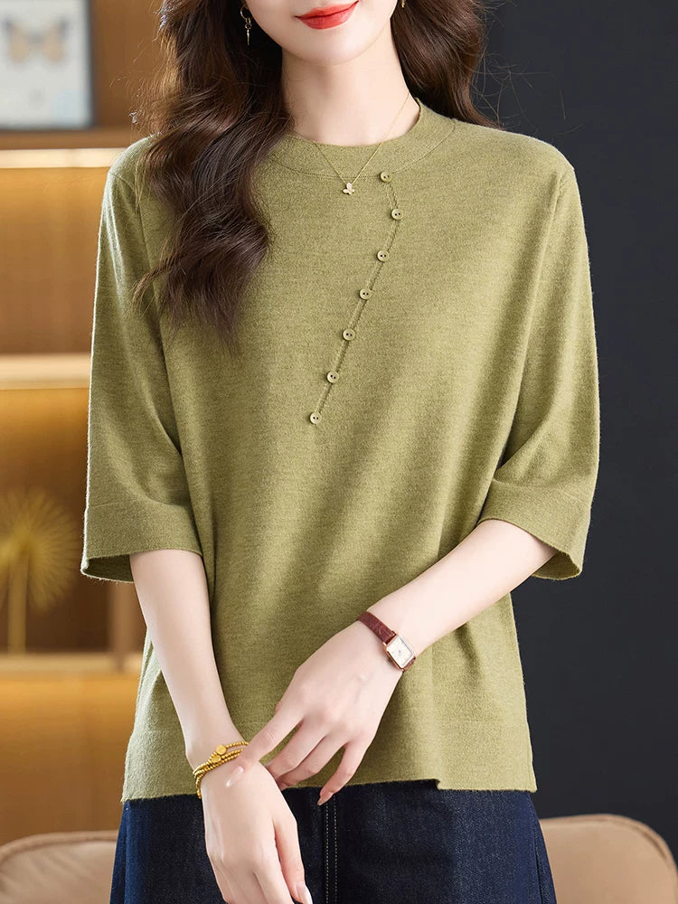Relaxed Knit Top with Front Button Trim