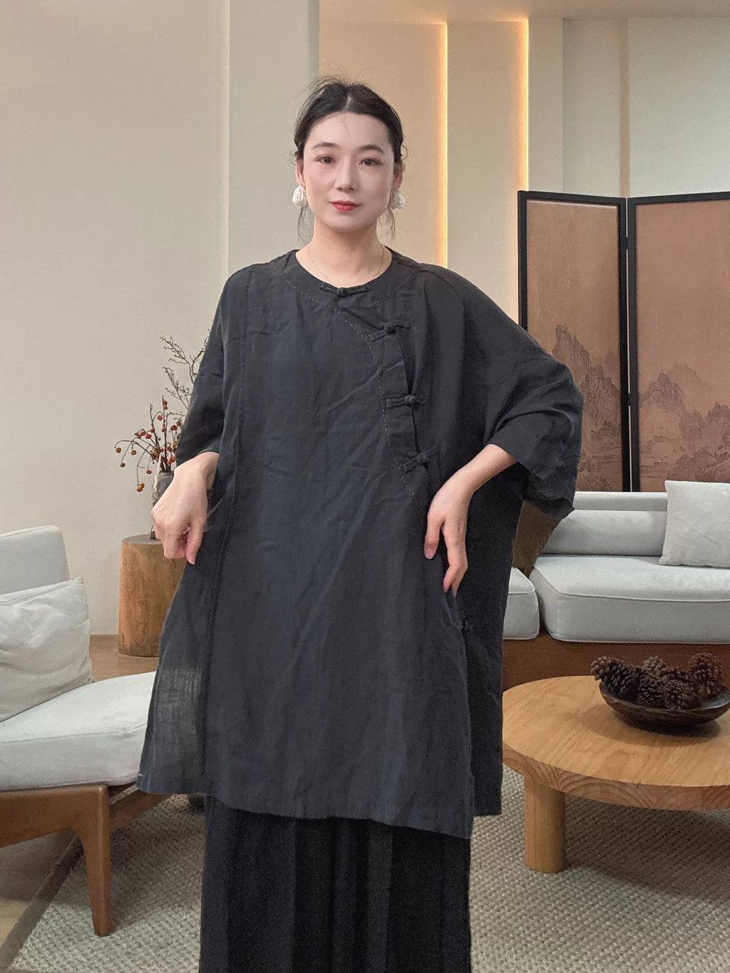 Relaxed Linen Tunic Dress with Frog Buttons