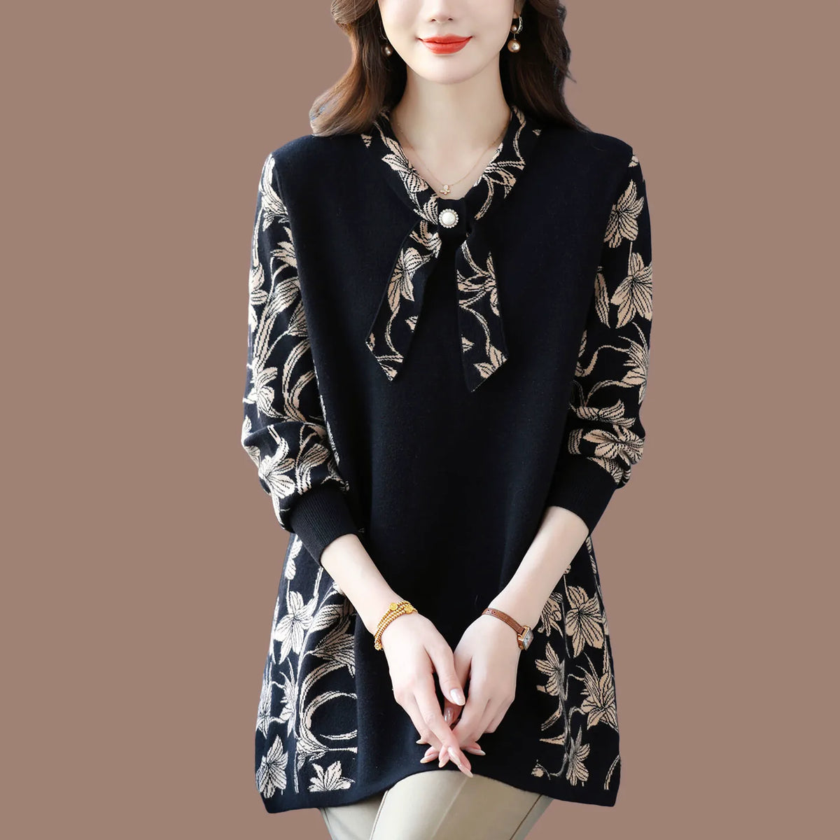 Floral Jacquard V-Neck Sweater with Tie Detail