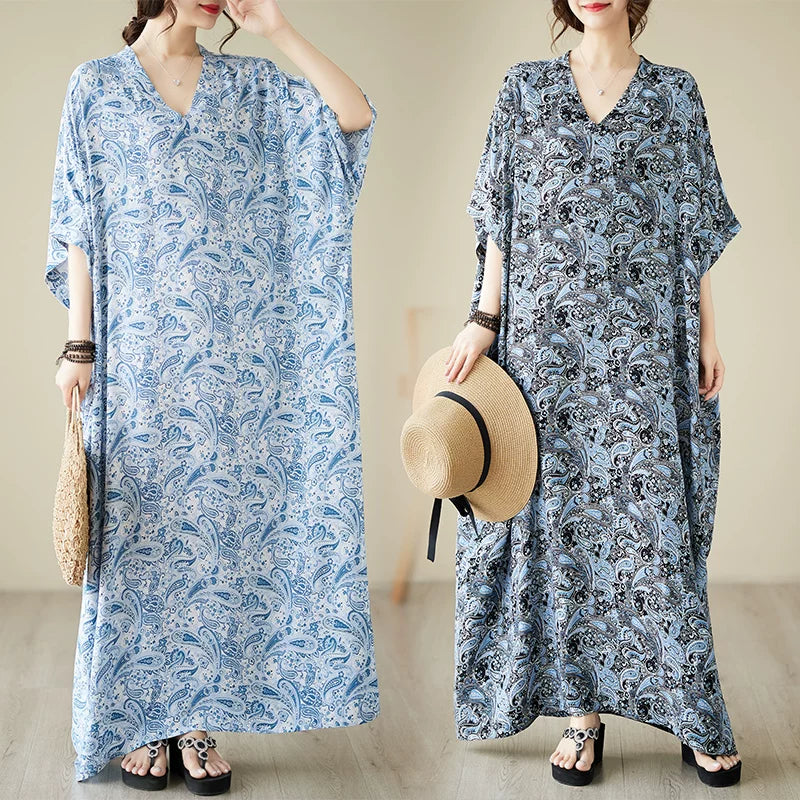 Relaxed Floral Short Sleeve Dress in Soft Cotton Blend