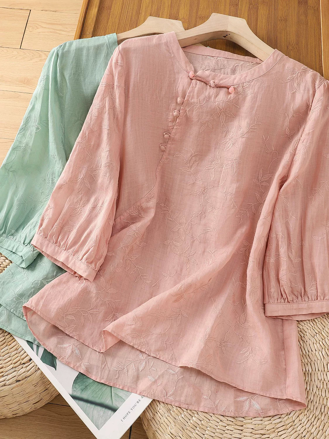 Embroidered Botanical Vine Cotton Linen Three Quarter Sleeve Shirt