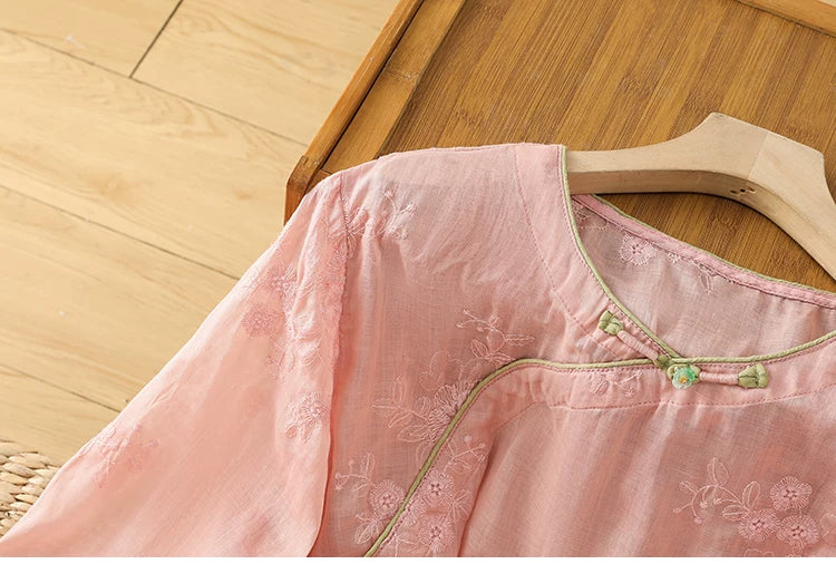 Embroidered Cotton Linen Three Quarter Sleeve Shirt