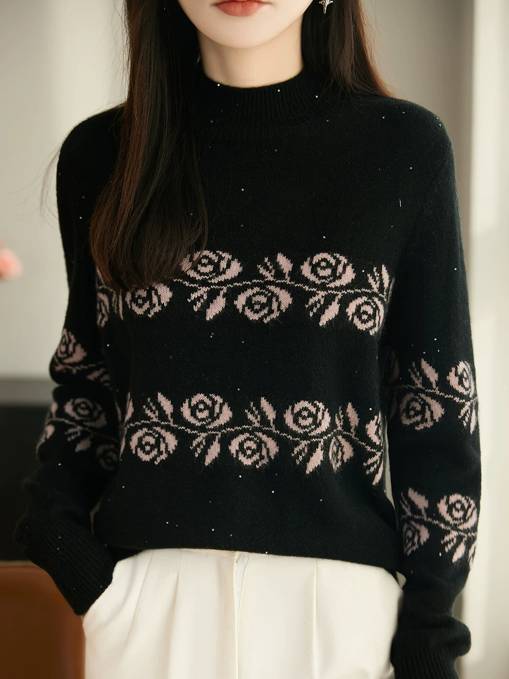 Floral Jacquard Knit Sweater, High-Neck Pullover in Black
