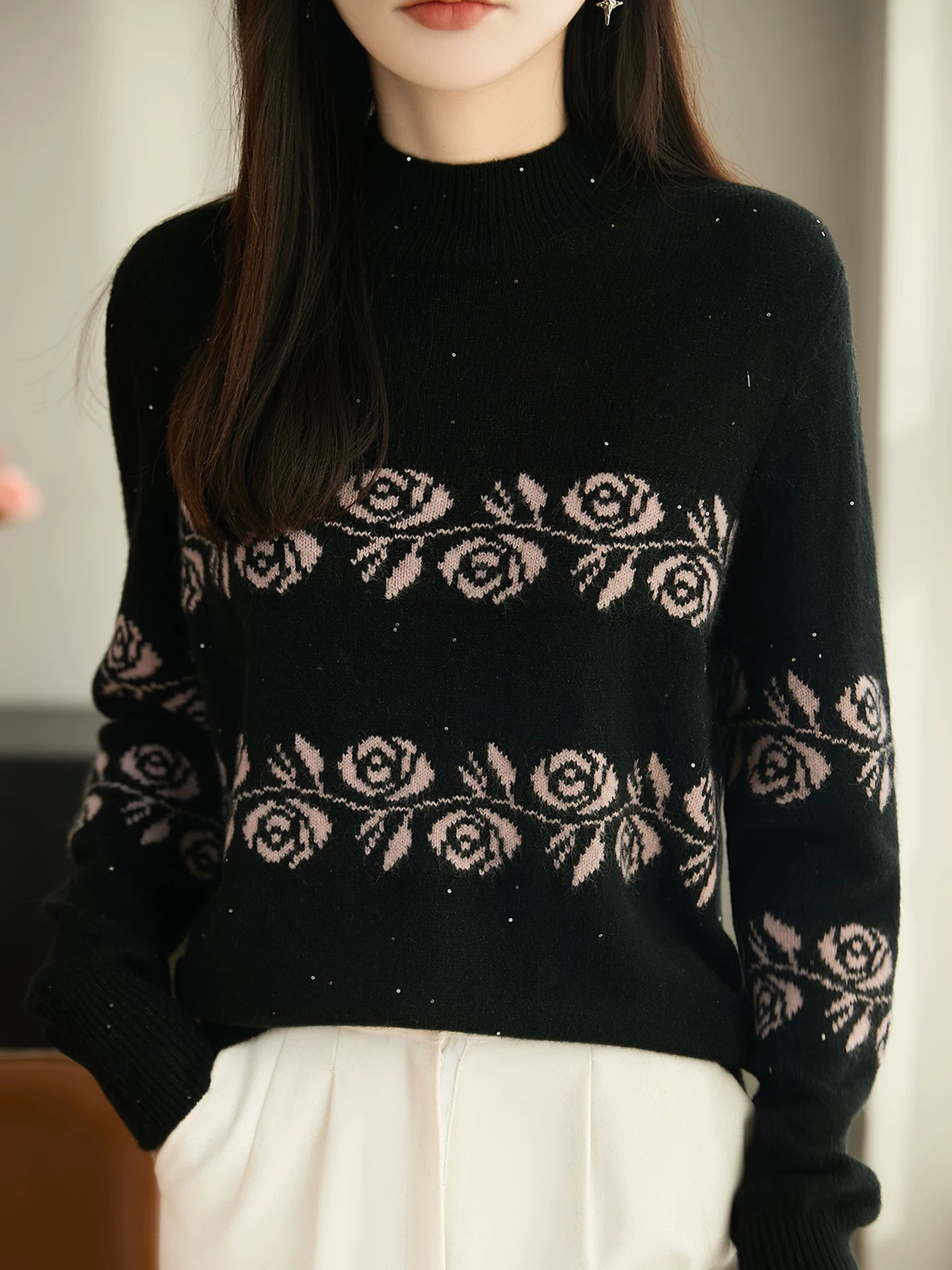 Floral Jacquard Knit Sweater, High-Neck Pullover in Black
