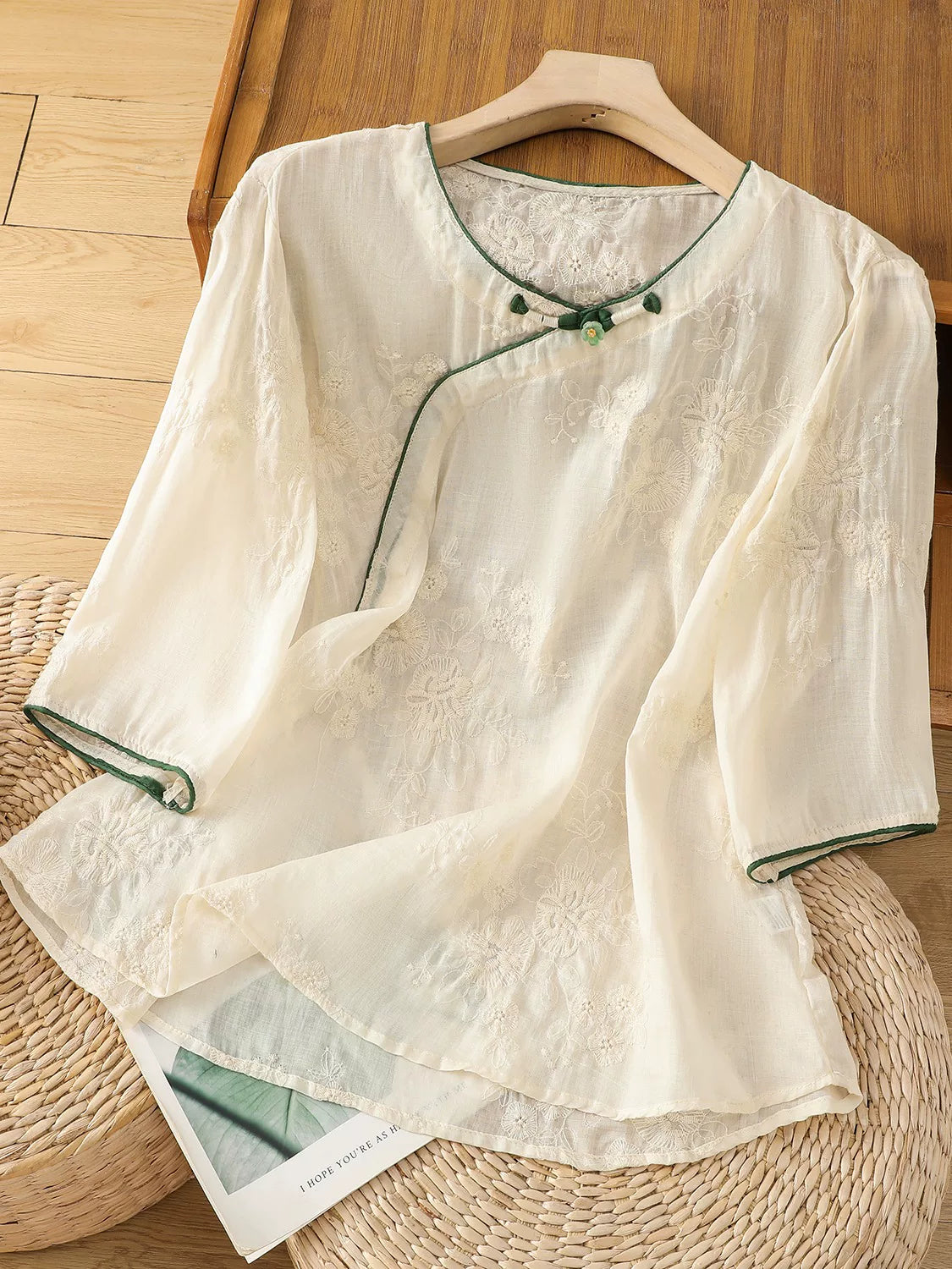 Embroidered Cotton Linen Three Quarter Sleeve Shirt