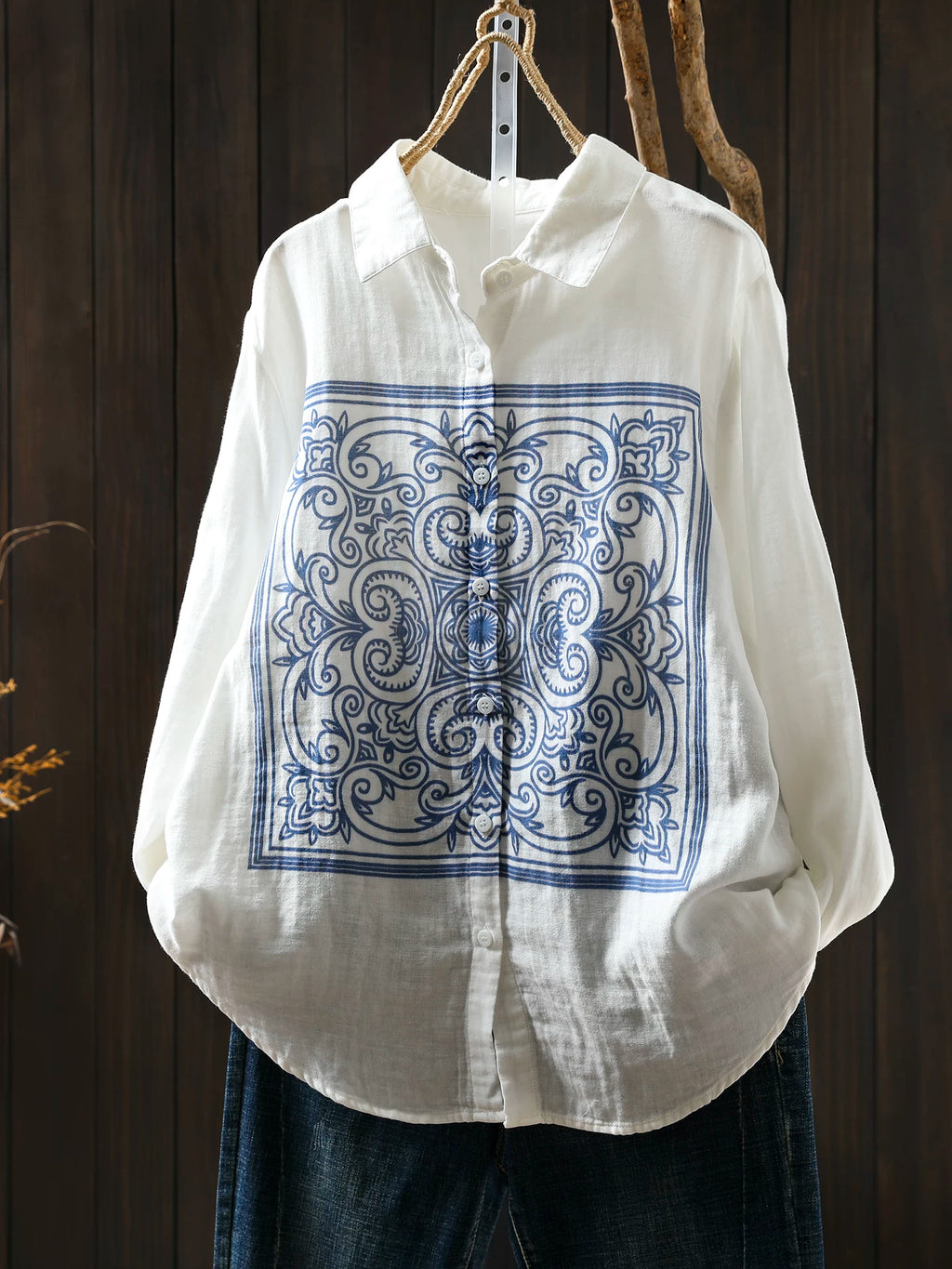 Linen Blouse with Porcelain Print & Button Front