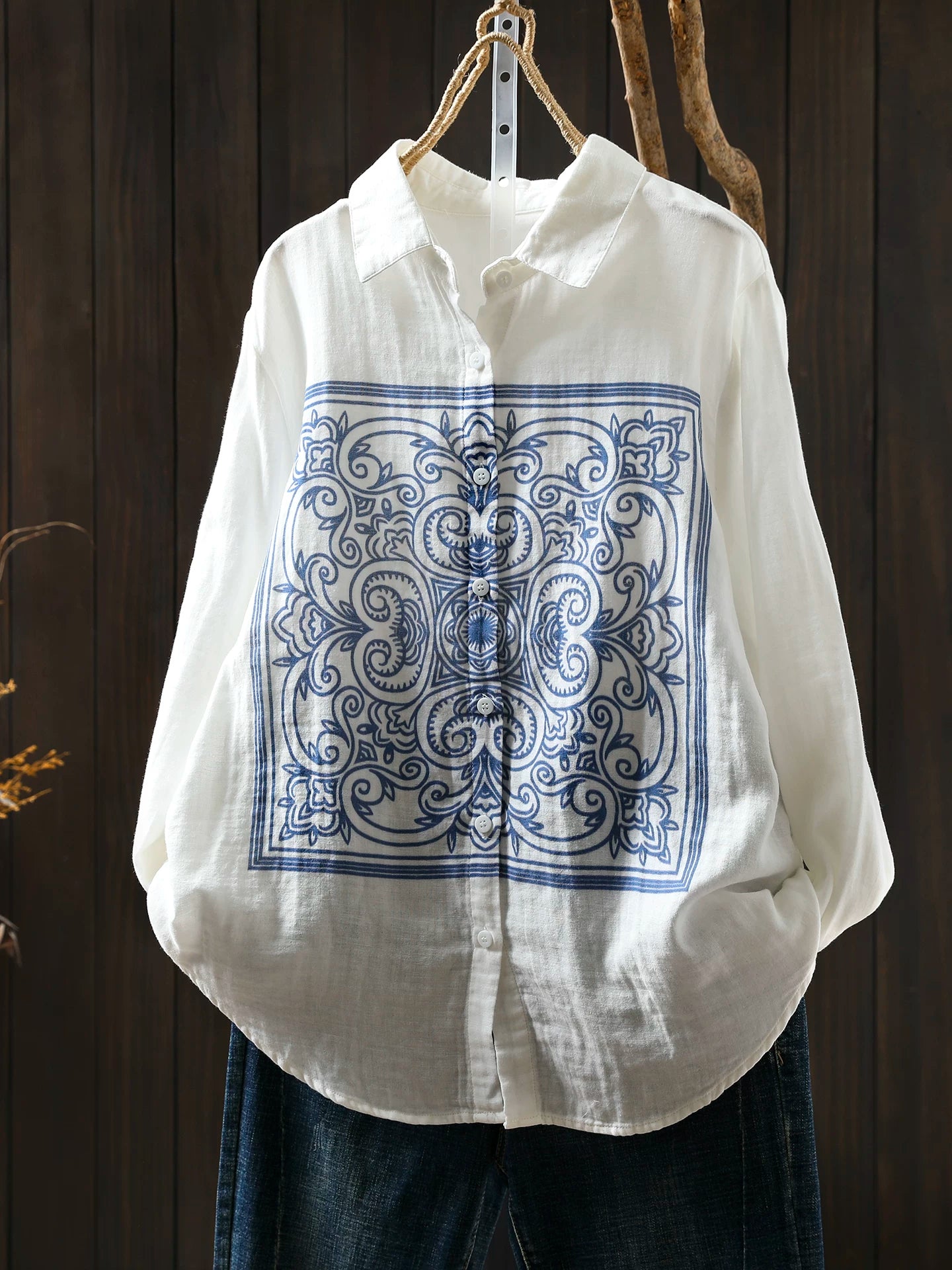 Linen Blouse with Porcelain Print & Button Front