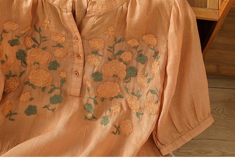 Embroidered Three Quarter Sleeve Cotton Linen Shirt
