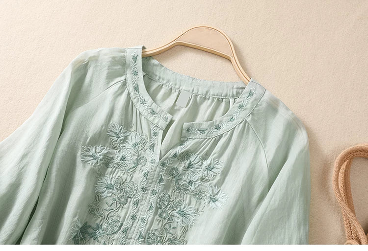 Embroidered Three Quarter Sleeve Blouse, Cotton Linen