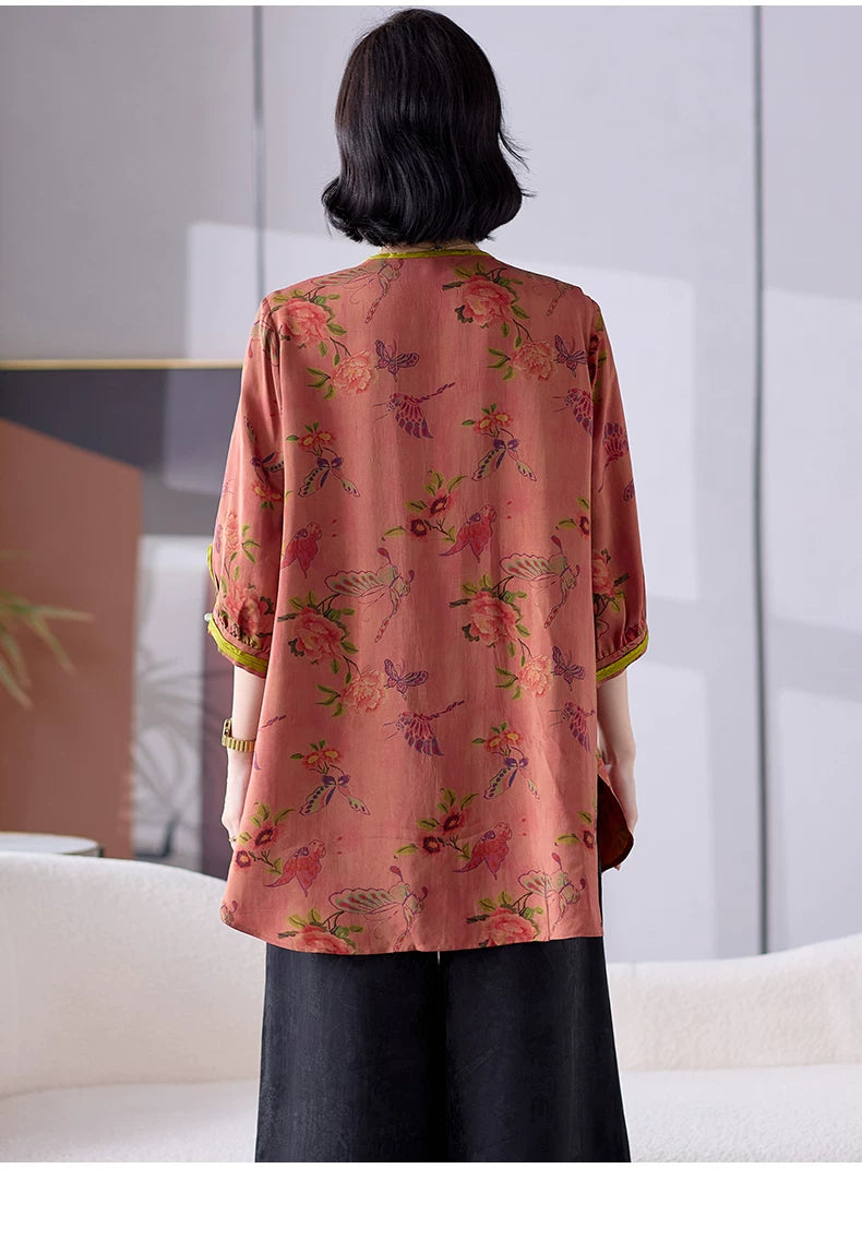 Viscose Blouse with Floral Print & Contrast Trim