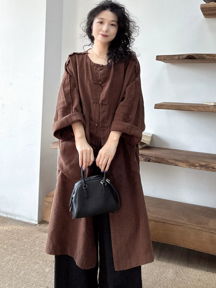 Relaxed Pure Linen Long Coat in Earth Tones