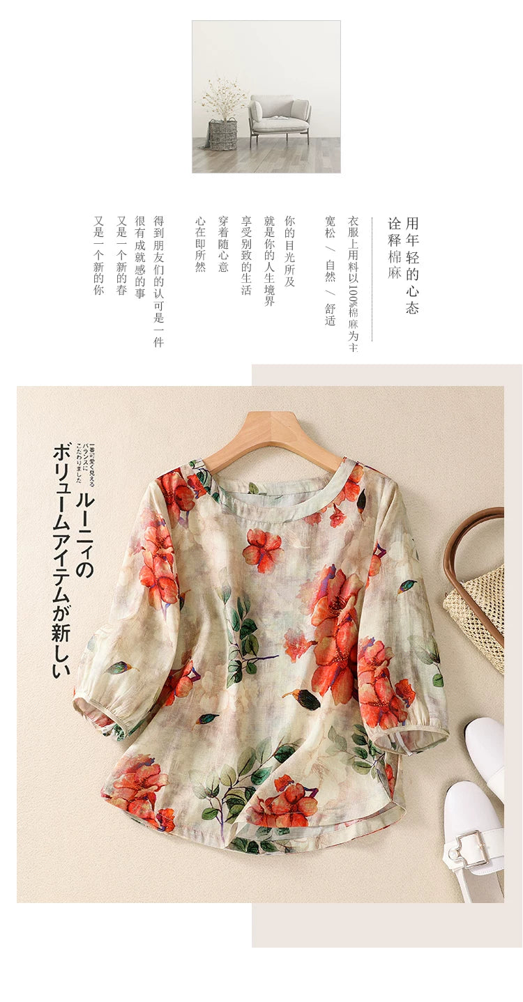 Floral Print Shirt with Three Quarter Sleeves, Cotton Linen