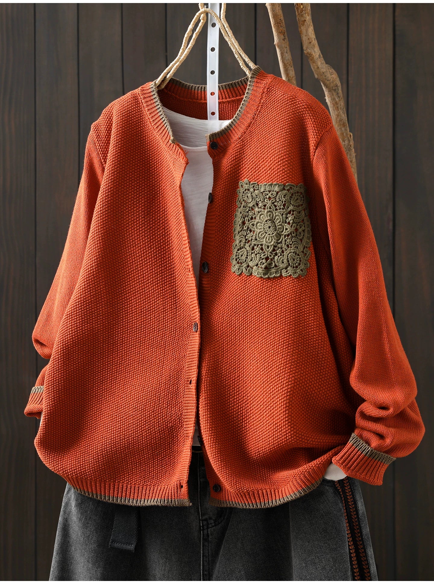 Waffle-Textured Knit Cardigan with Lace Pocket