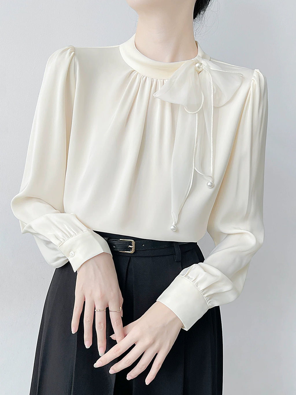 Relaxed Blouse with 3D Bow & Pearl Tie Detail