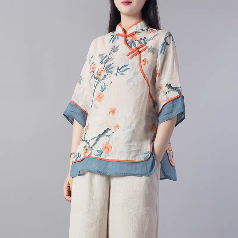 Floral Print Cotton Linen Three Quarter Sleeve Shirt