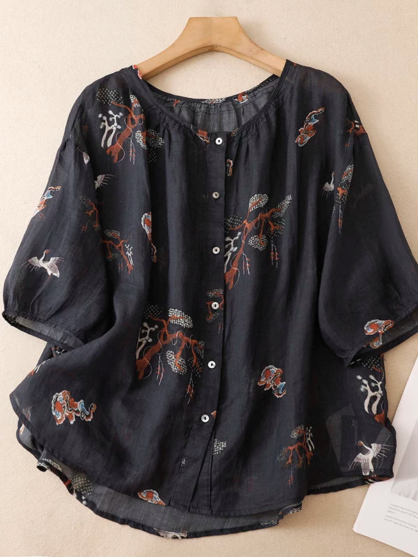 Crane Print Cotton Linen Half Sleeve Shirt
