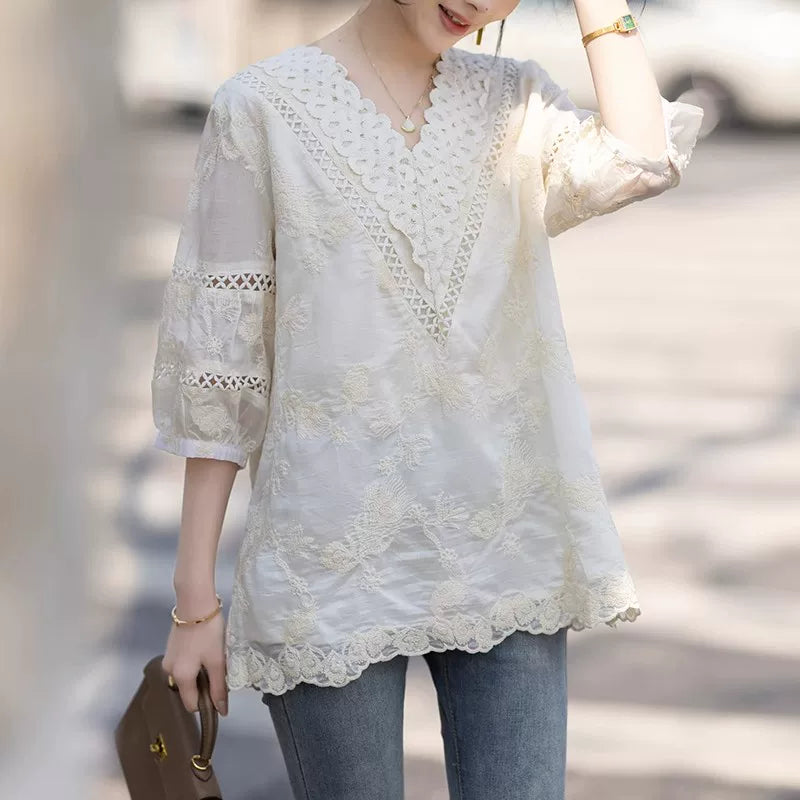 Apricot V-Neck Top with Embroidered Cutouts