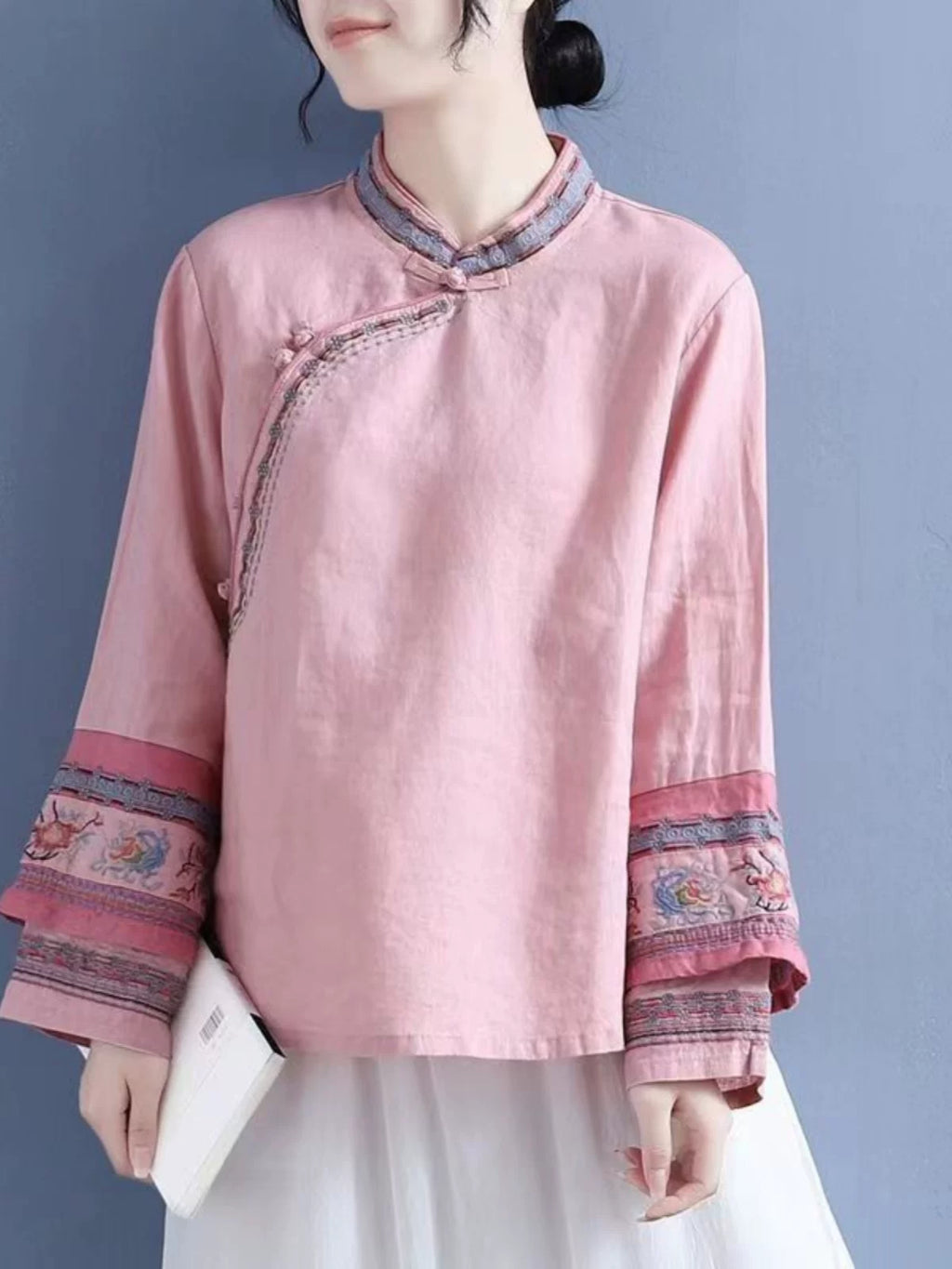Embroidered Long Sleeve Shirt, Cotton Linen, Rounded Neckline