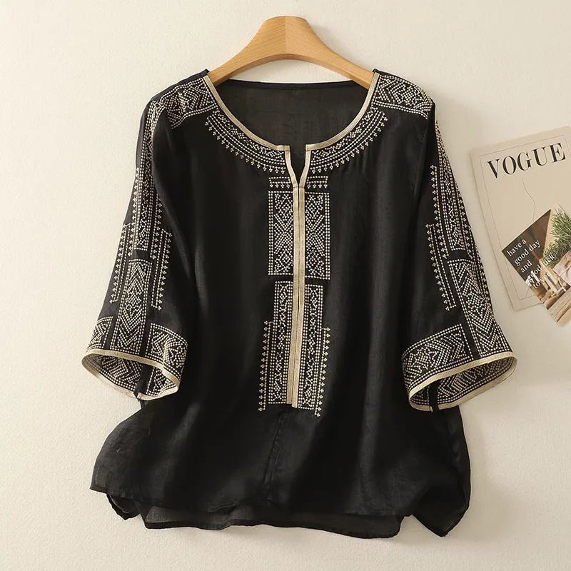 Embroidered Relaxed Top with Front Slit