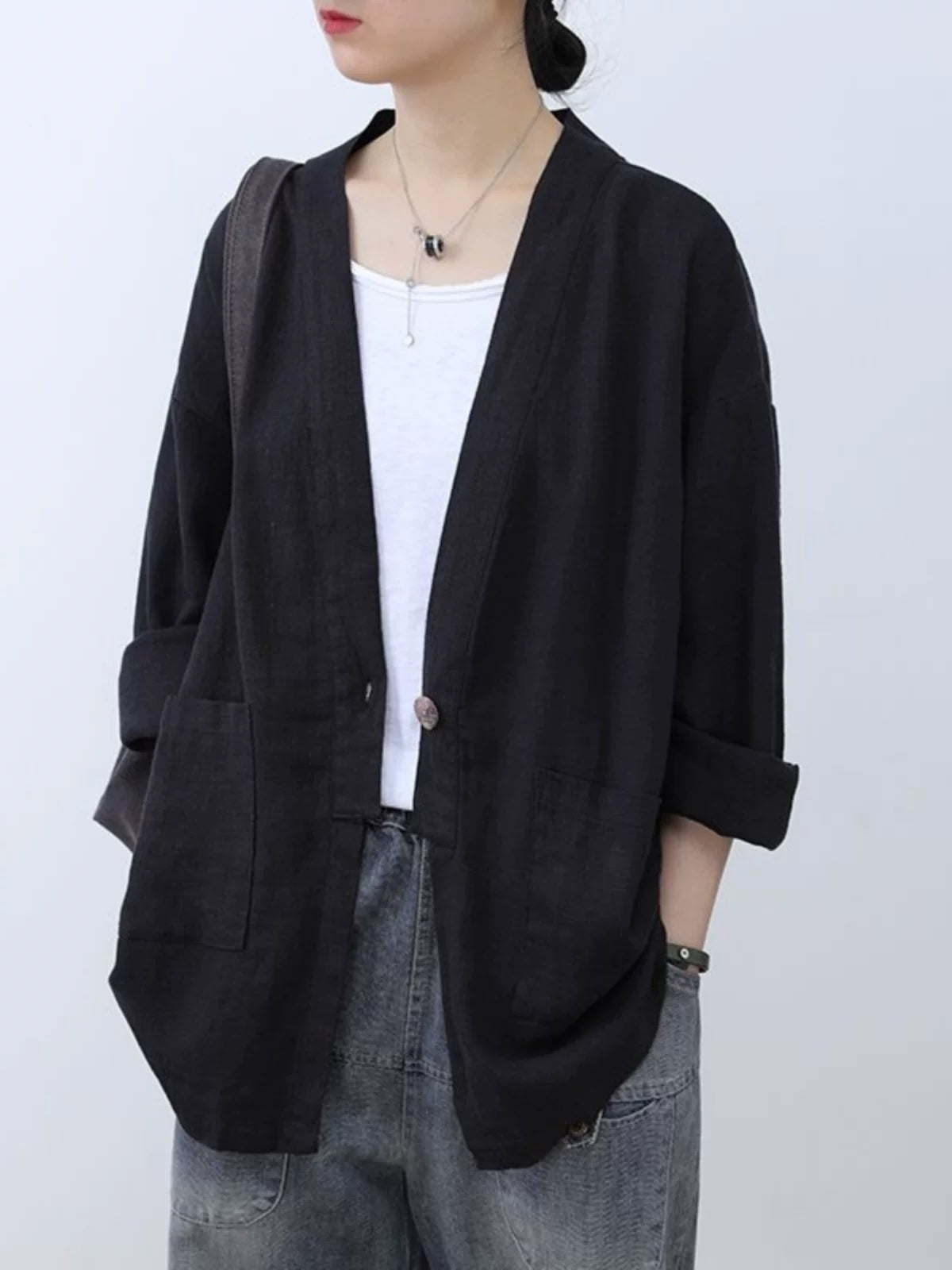 清仓捡漏~日系一粒扣纯色开衫外套女宽松休闲棉麻料长袖上衣